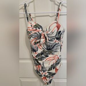 Kona Sol White Tropical Floral One-Piece Swimsuit with Coral and Green Accents